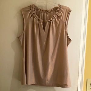 Calvin Klein Sheer Sleeveless Tank with Bunched Neckline and Gold Bar